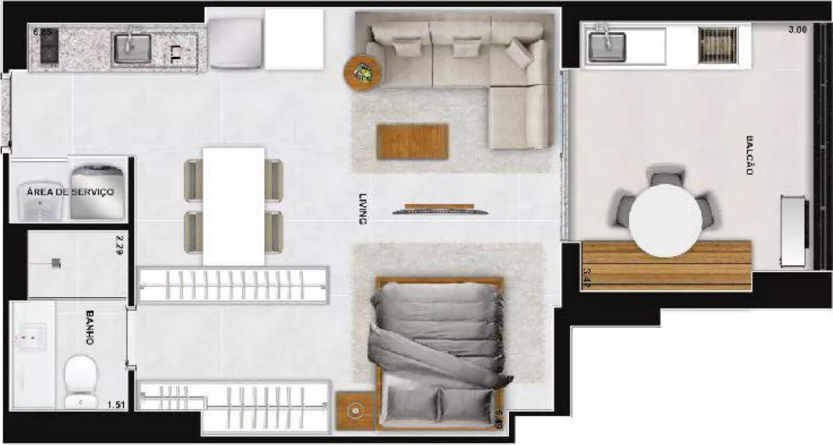 Planta de 1 quarto de 53,73m Haut Compact Life