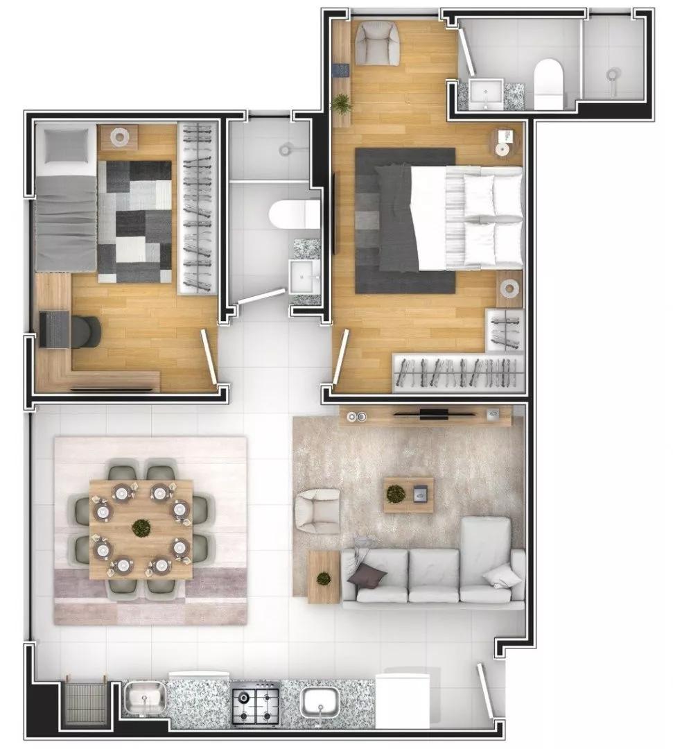 Planta do apartamento tipo 1 de 60 m² do Lago di Ledro