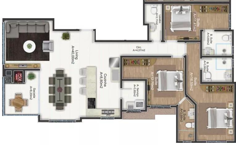 Planta do apartamento de 130m² do Premium Residence
