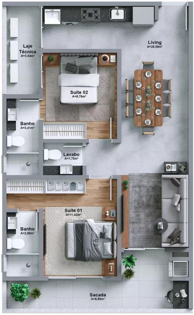 Planta do apartamento de 80,95 m² do Lottus Residence