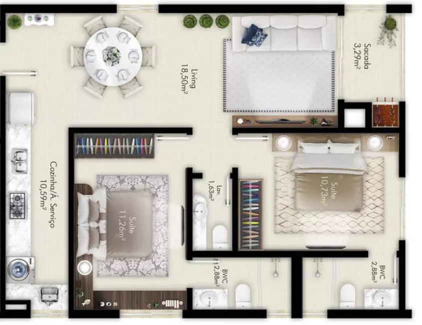 Planta do apartamento de 2 suítes e sacada no San Martin