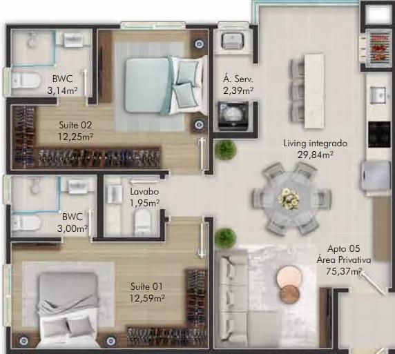 Apartamento com 75,37m²