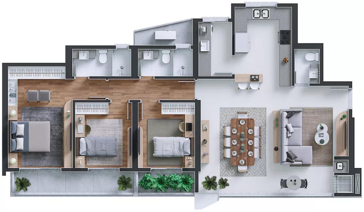 Planta do apartamento de 131,06 m² do Serenity Residence