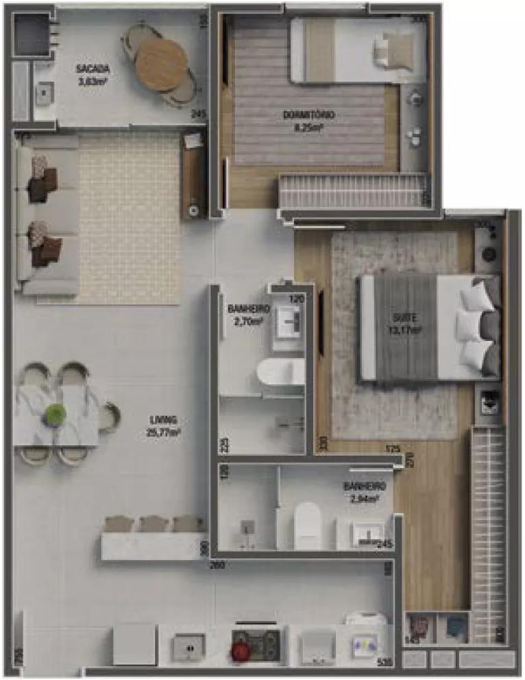 Planta do apartamento 03 de 64 m² do Ilha de Maiorca