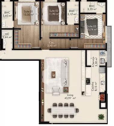 Planta do apartamento de 126m² do Nouve 354