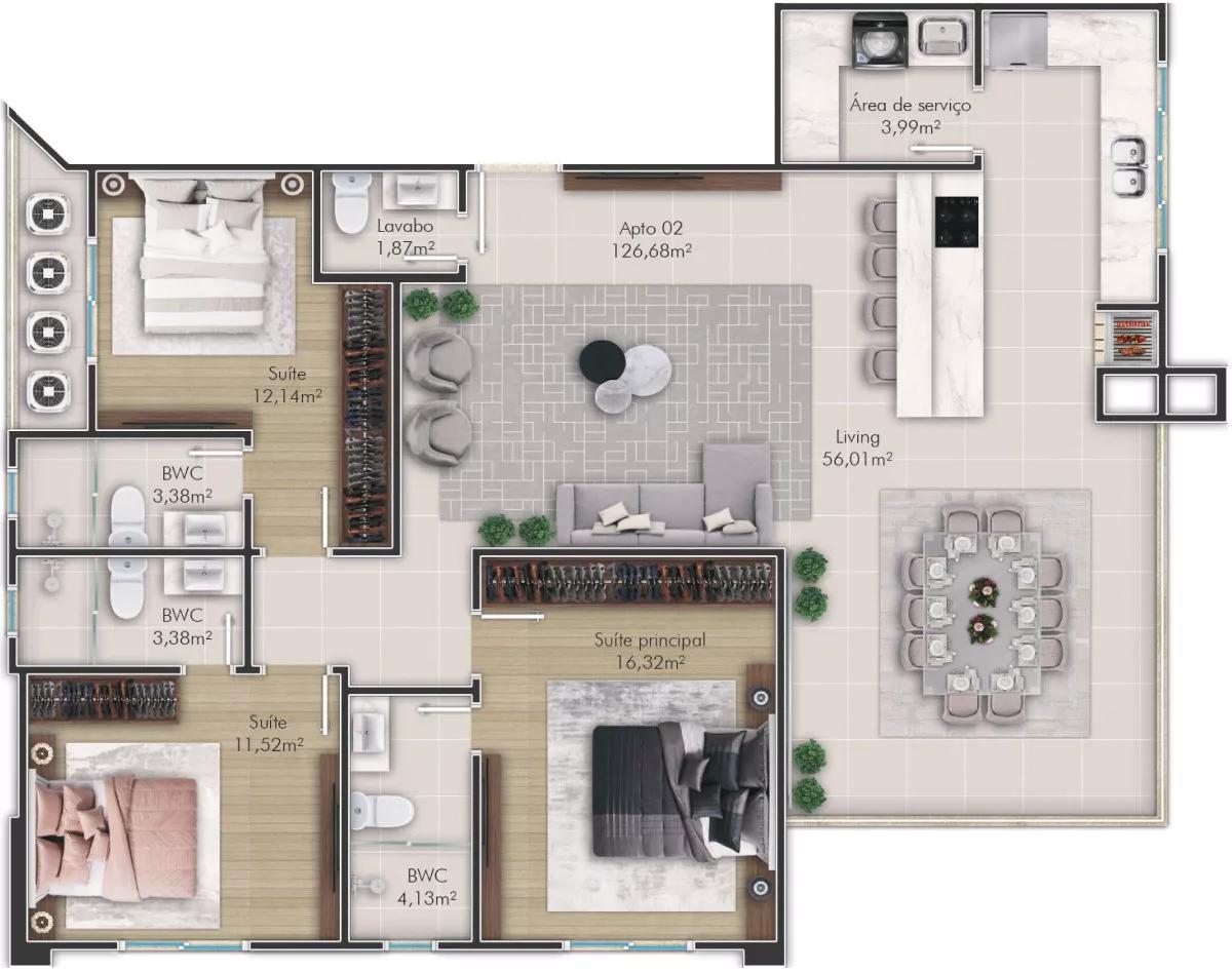 Planta do apartamento 02 de 126,68 m² do Green Home Boutique