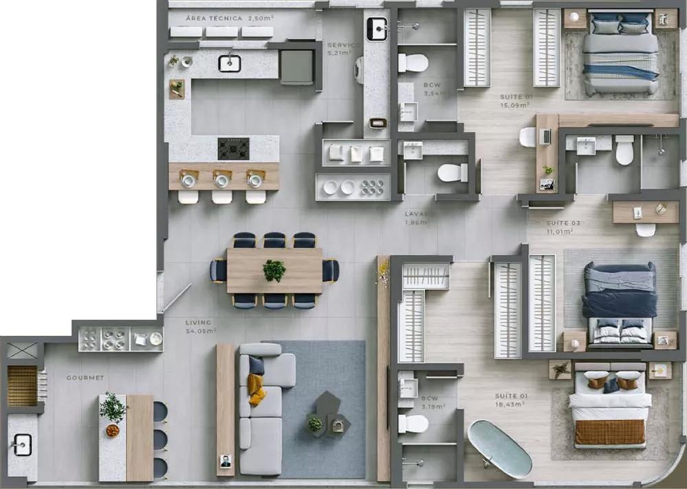 Planta tipo 01 de 135,88m² do Central Garden