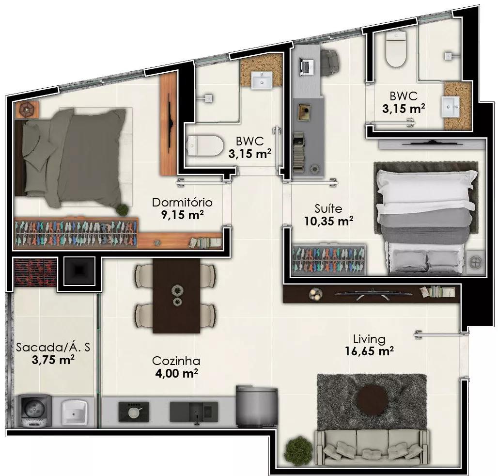 Planta do apartamento de 59 m² do Fasciner