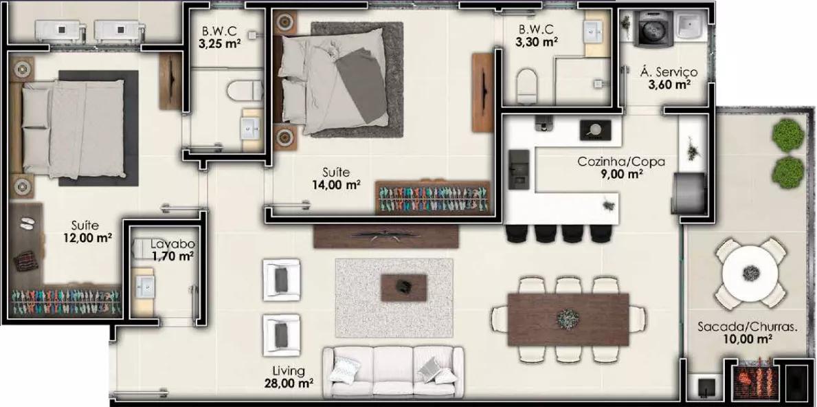 Planta do apartamento de 92 m² do La Gioia