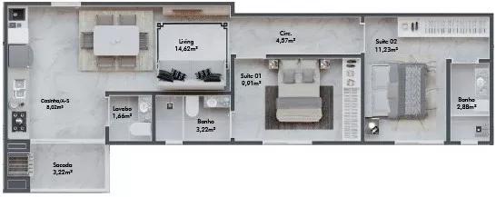 Planta do apartamento de 68,38m² - f3