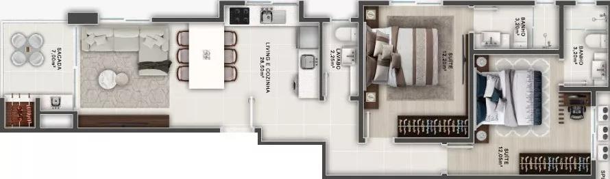 Planta do apartamento de 74m² do Ruffino