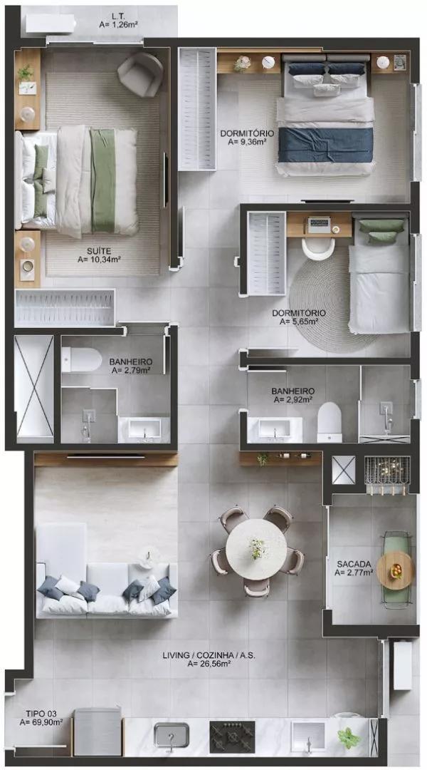 Planta do apartamento tipo 3 de 70 m² do Mondrian