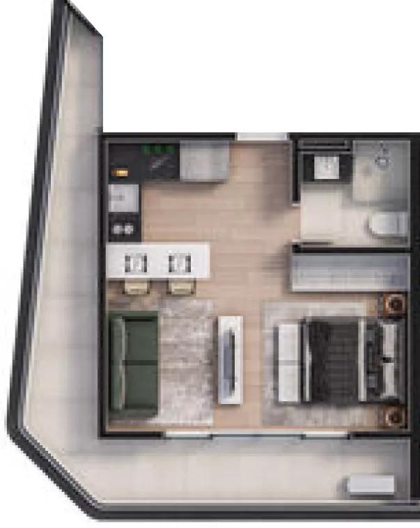 Planta do apartamento de 43 m² do Hub 45