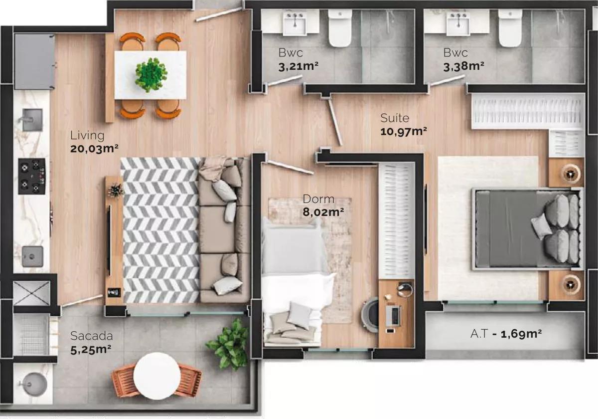 planta de 2 quartos de 62,96m Liberato