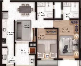 Planta do apartamento de 71m² do Villa Porto