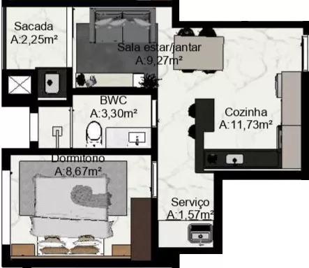 Planta do apartamento de 38,70m² do Bosque das aráceas