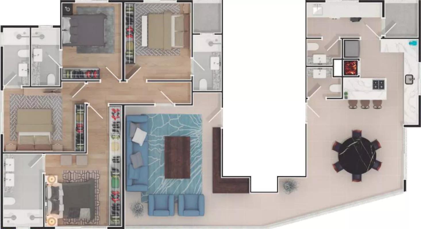 Planta do apartamento de 172,02m² do South Beach Residence