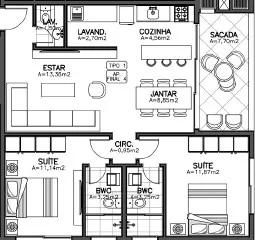 Planta do apartamento de 82,22m² do Porto dos Açores home Club