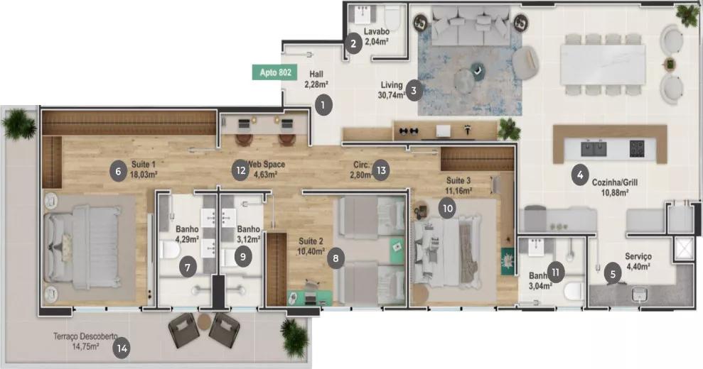 Planta do apartamento de 131,94m² do Venetian