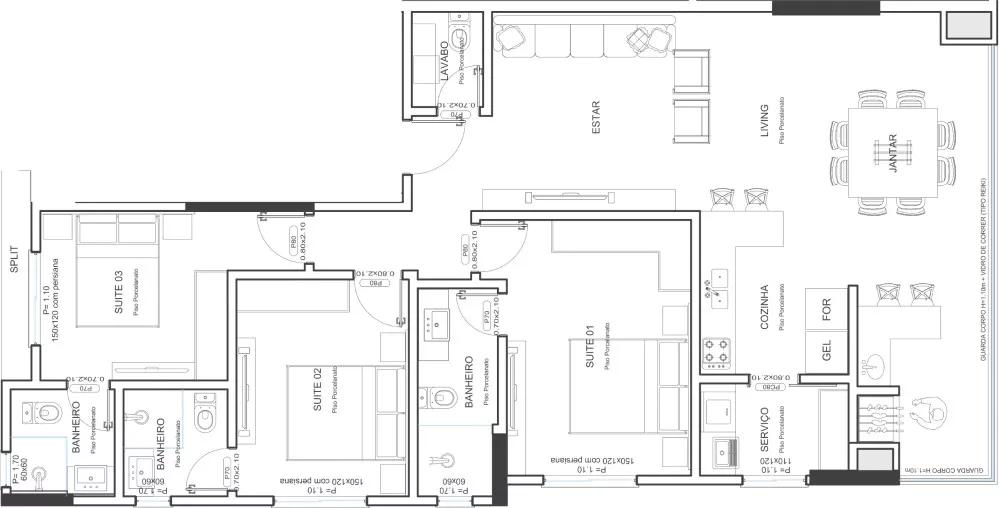 Planta do apartamento de 113,56m² do Volo Lumini com 3 vagas