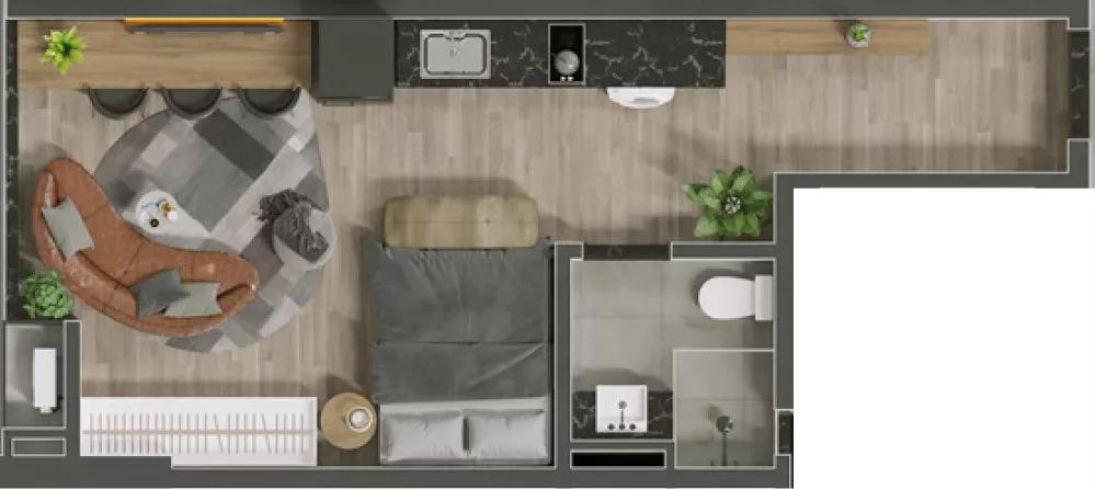 Planta do apartamento de 34,10m² do Las Vegas Home Club