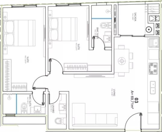 Planta do apartamento de 69.71m² do Tabuleiro das Oliveiras