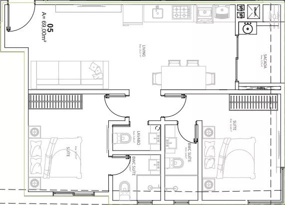 Planta do apartamento de 69m² do Tabuleiro das Oliveiras