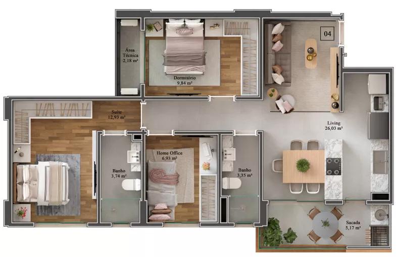 Planta do apartamento de 84.32m² do Oiti