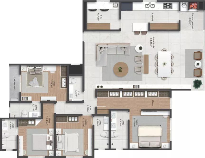 Planta do apartamento de 172.43m² do Essenza Residence