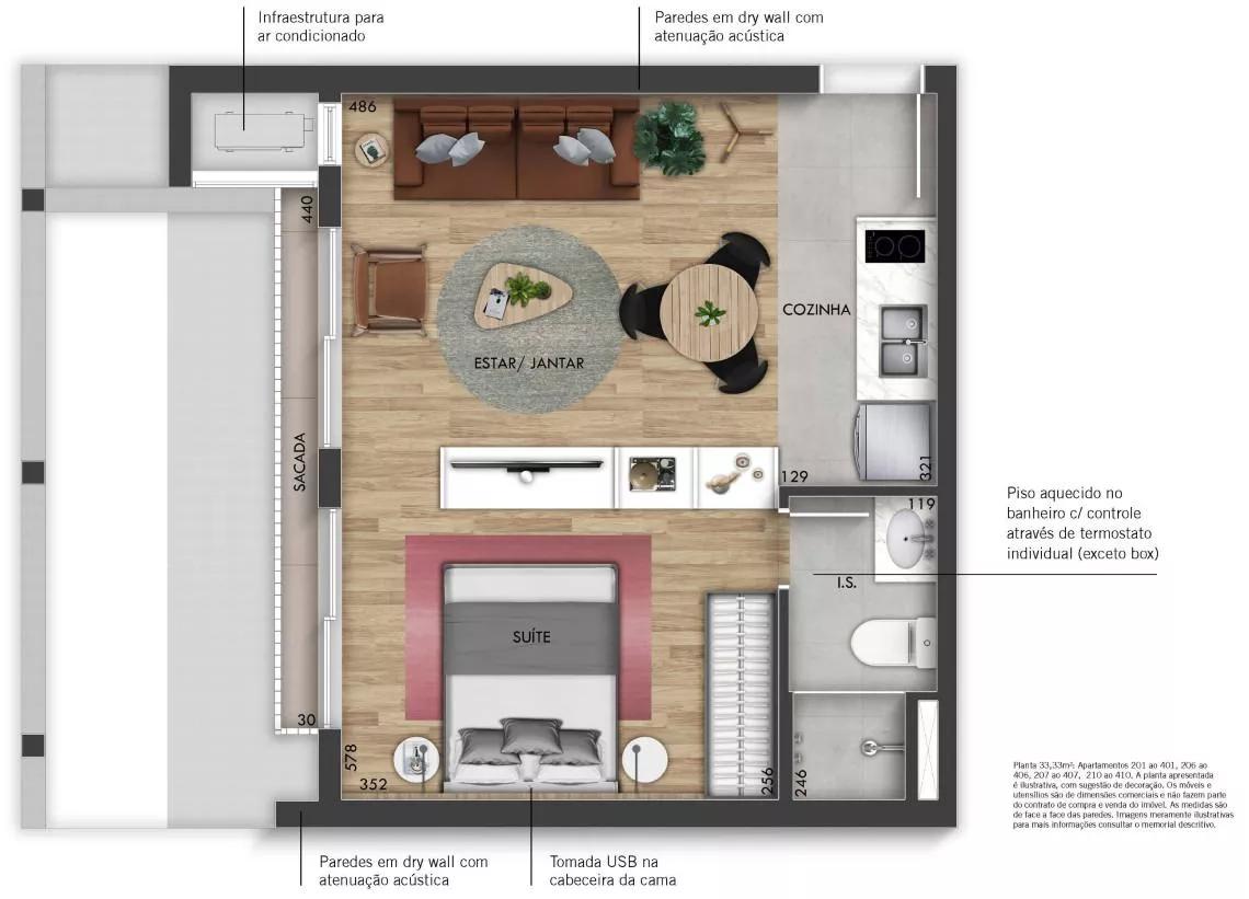 Planta do apartamento de 32m² do Hall Design