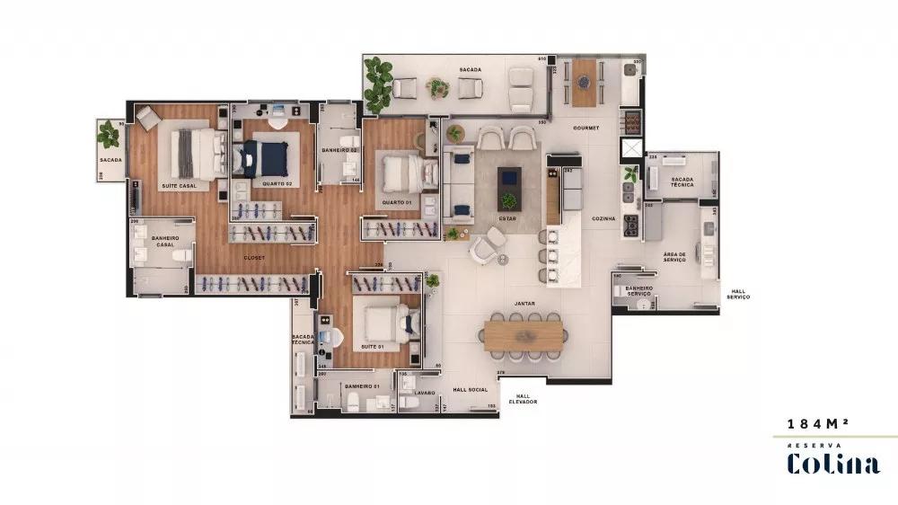 Planta do apartamento de 184m² do Reserva Colina