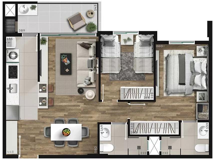 Planta do apartamento de 67m² do Sendai Residences