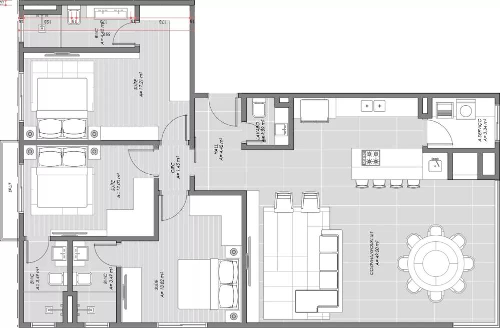 Planta do apartamento de 130,42m² do Houston House