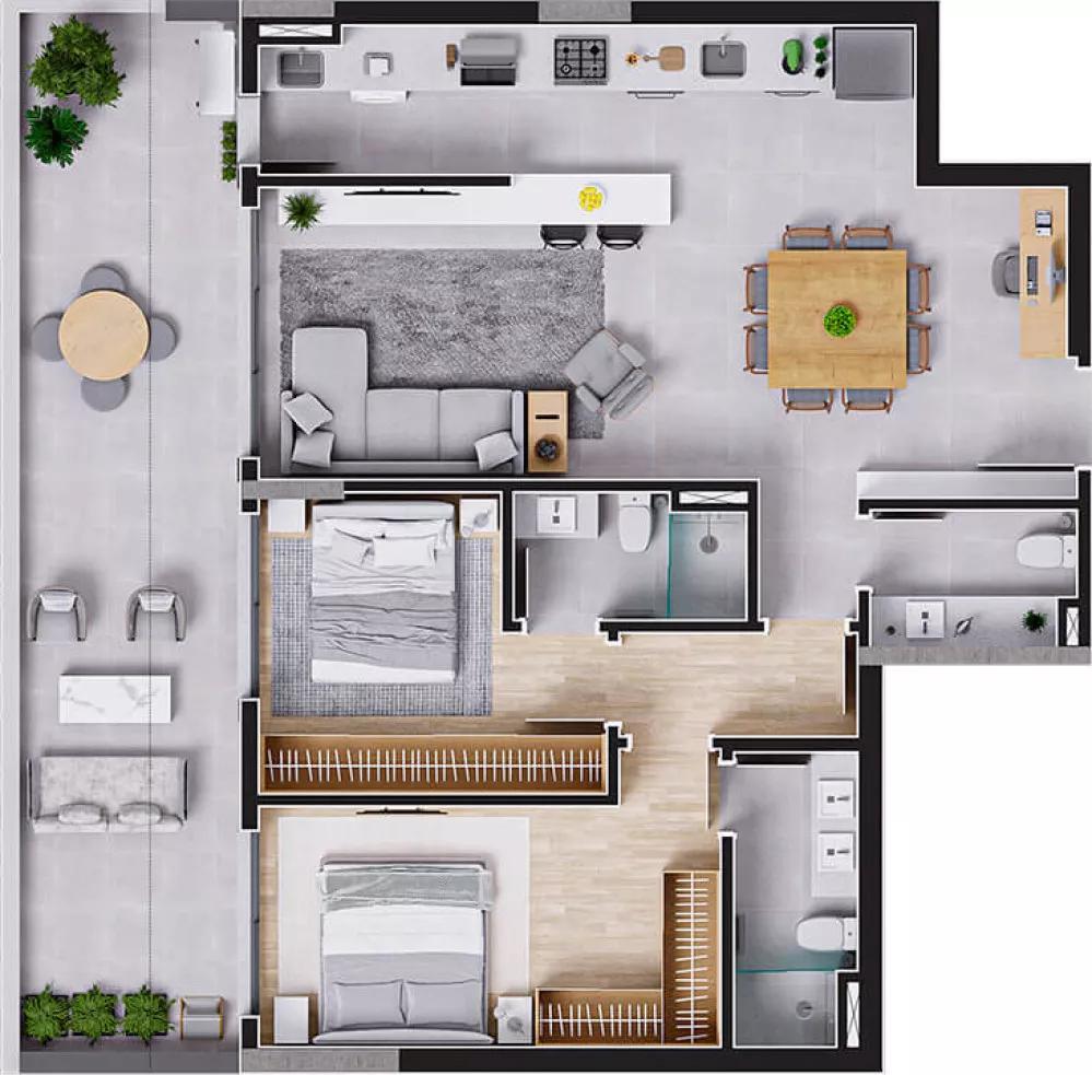 Planta do apartamento de 121,94m² do D/Yard Home Design