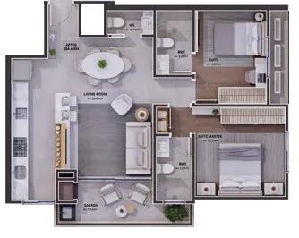 Planta do apartamento com 2 quartos e 75,17m² do Oak Residence