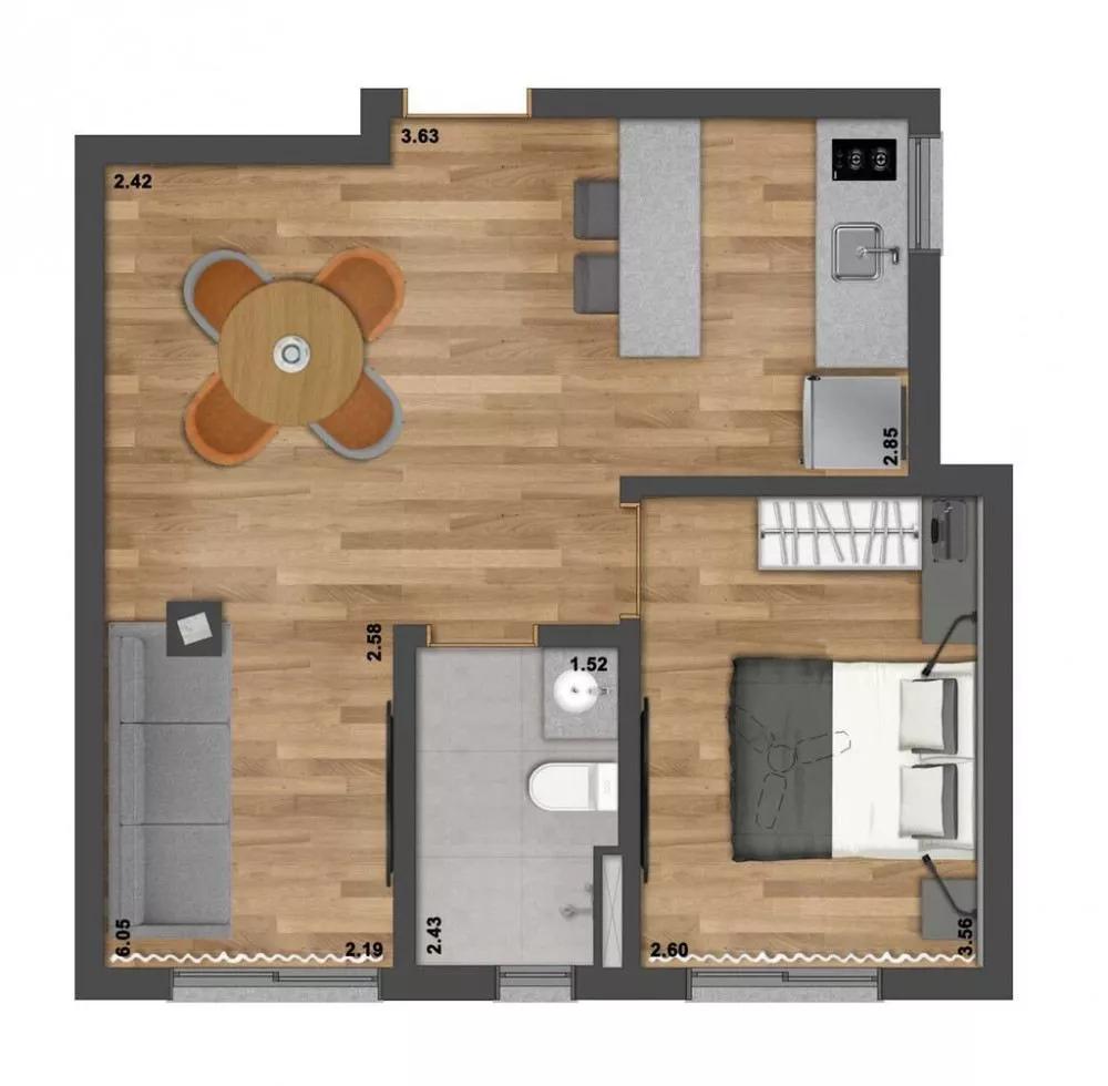 Planta 02 - 1 dorm 44,98m² do Homewood Suites By Hilton