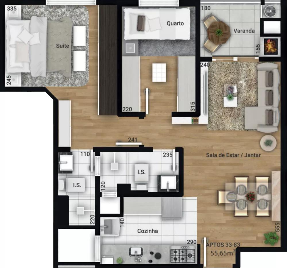 Planta de 55,65m² do Sollaris Residencial