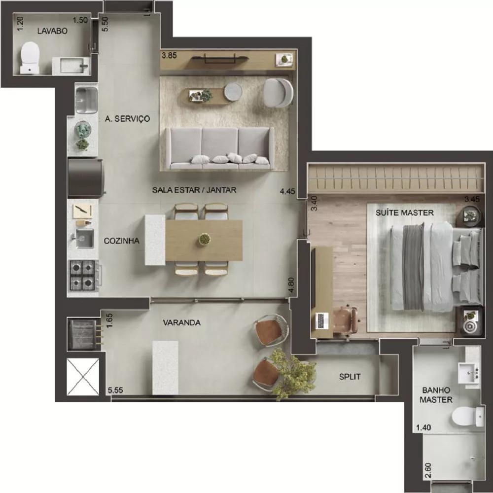 Planta do apartamento de 58m² do Auth