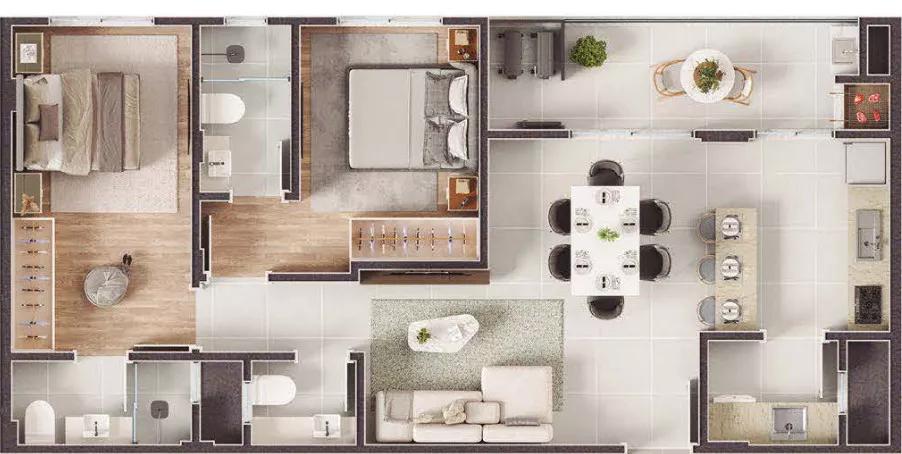 Planta do apartamento de 83m² do La Brise Residence