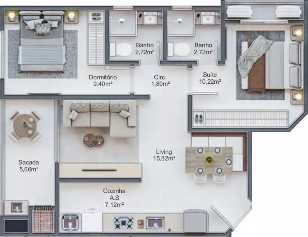 Planta do apartamento de 64m² do Maria Clara Residence