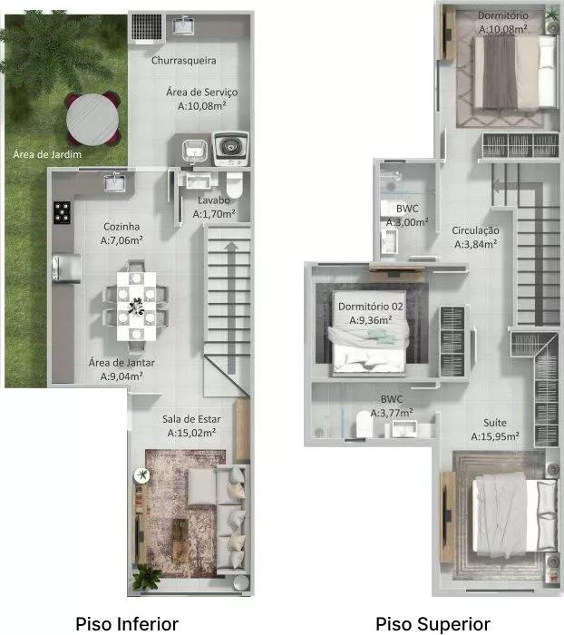 Planta do sobrado de 141m² do Residencial Versailles