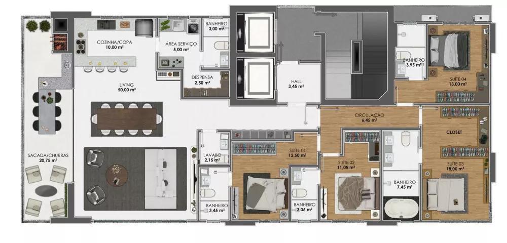 Planta do apartamento de 196m² do Le Chloe