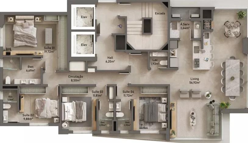 Planta do apartamento de 172m² do Serenity