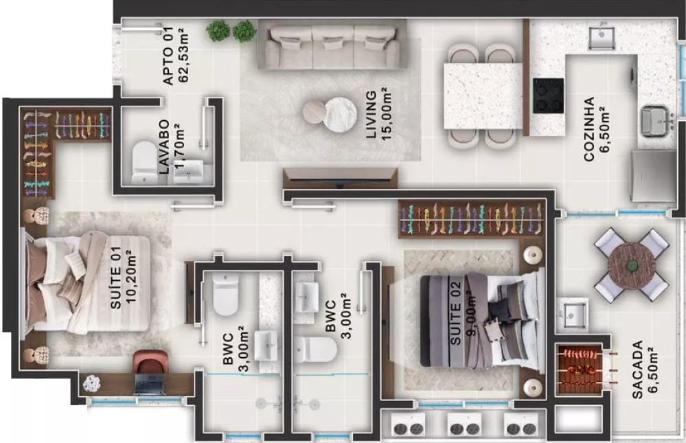 Planta do apartamento de 62,53m² do Ebenezer Residence