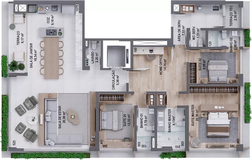 Planta do apartamento de 175m² do D/Sense Home Design