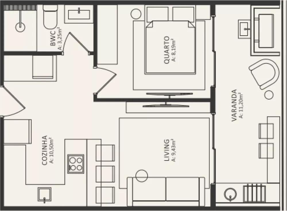 Planta de 45,70m² do La Esmeralda Beach Village