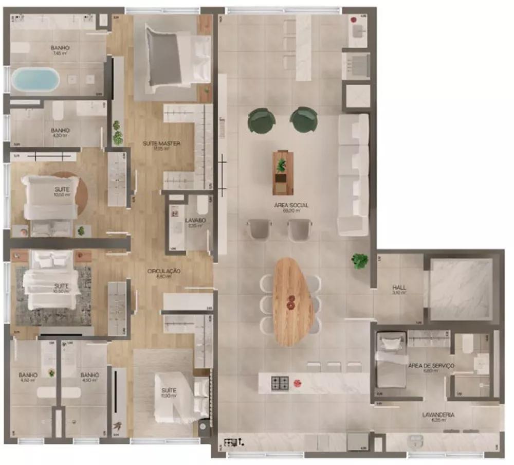 Planta do apartamento de 199m² do Lagom Perequê