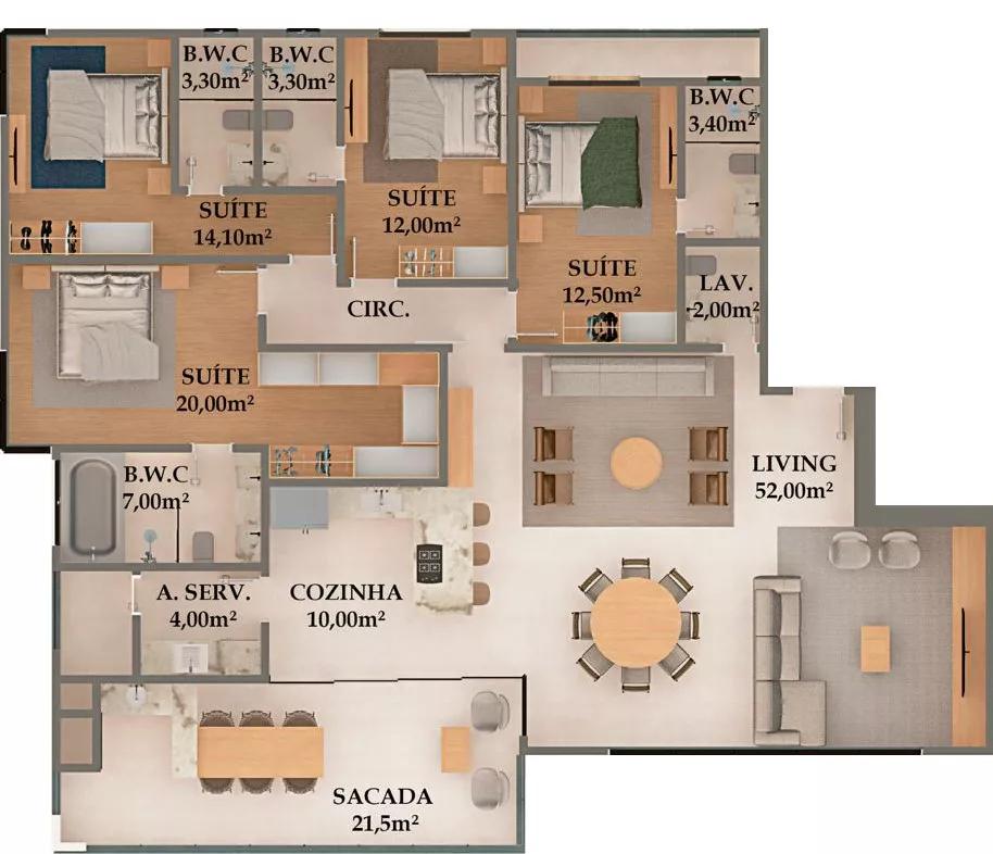 Planta do apartamento de 191m² do Monticello