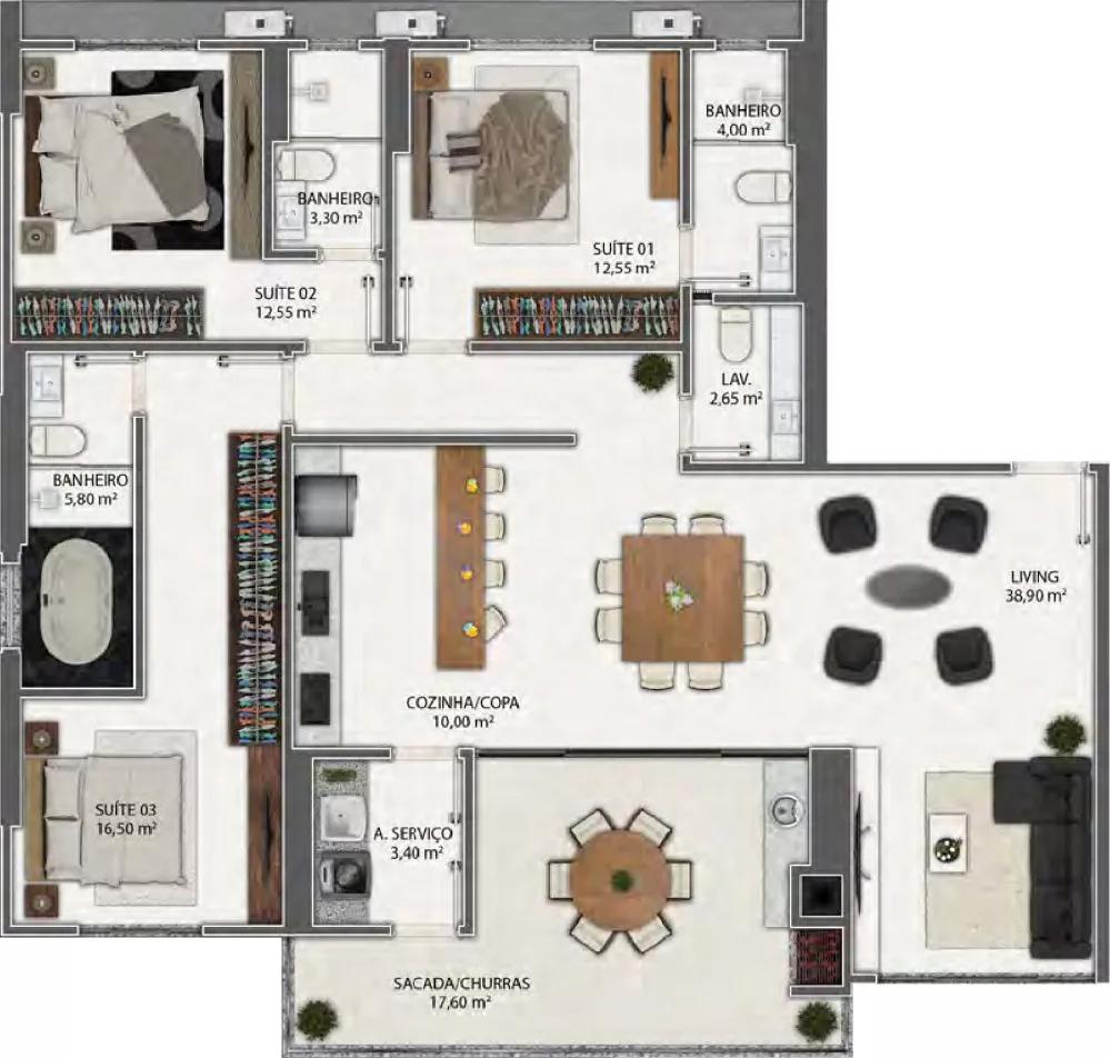 Planta do apartamento de 146m² do Yahweh