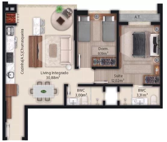 Planta do apartamento de 68m² do Venice Home Club